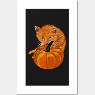 Pumpkin and ginger cat in Autmn Posters and Art